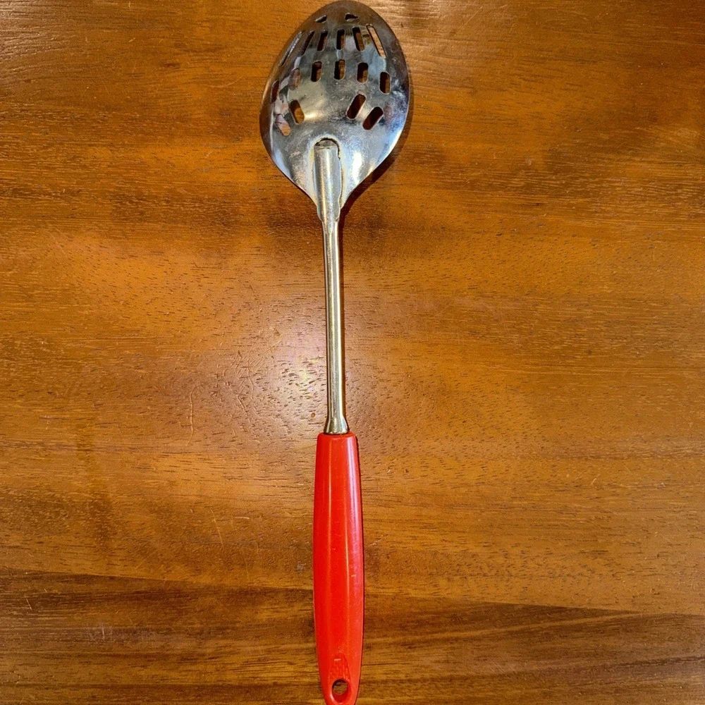 Vintage Ekco USA Slotted Spoon Chromium Plated - Orangish Red Plastic Handle 12